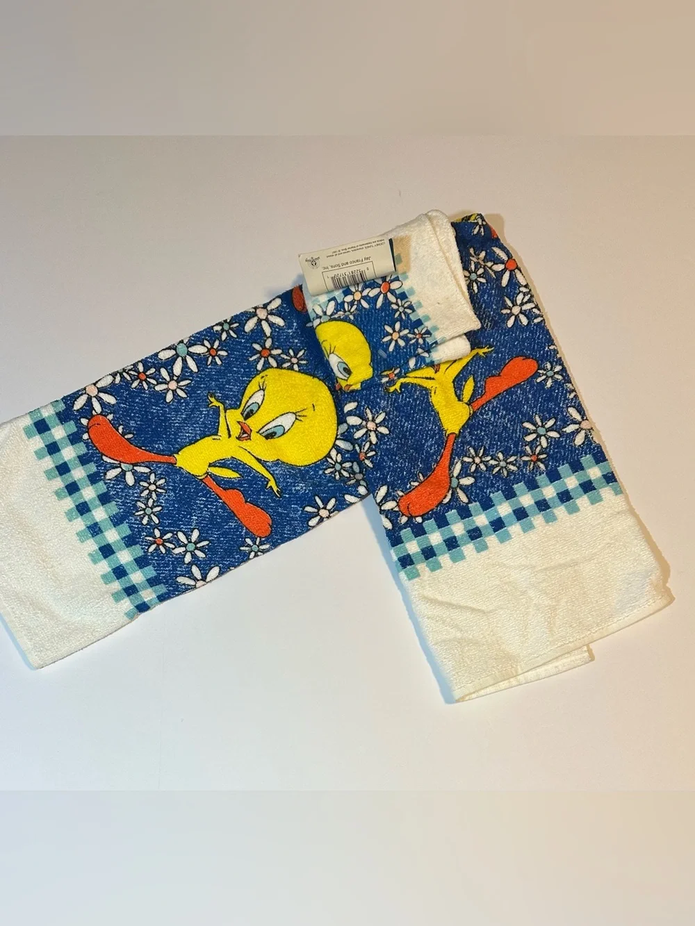 Vtg 90s Looney Tunes Tweety Bird Bath Towel Washcloth Set Gingham Floral